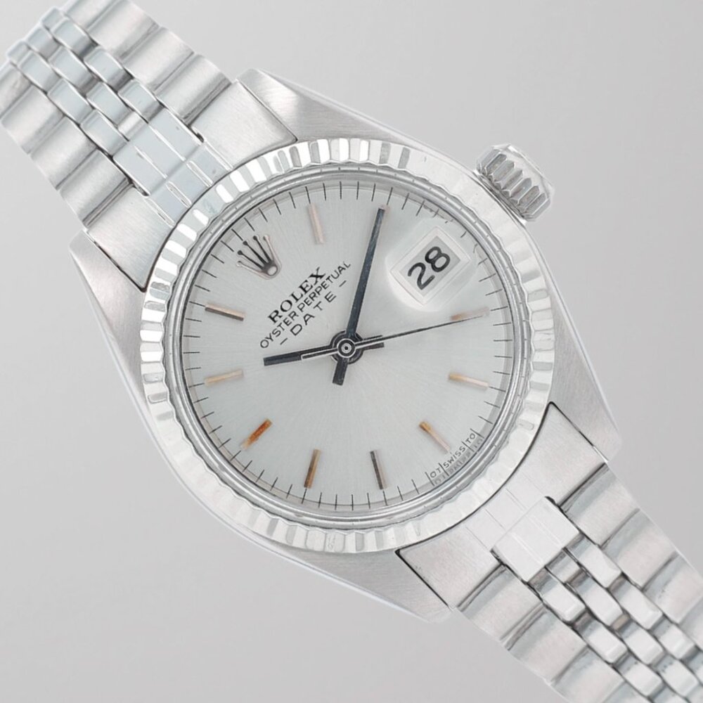 Rolex Ladies Date 26mm Steel Silver Index Dial Fluted Bezel Jubilee Watch 6917